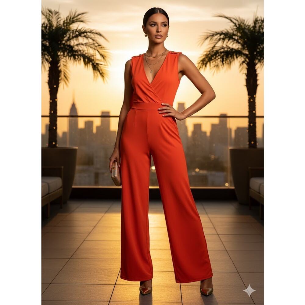 Romper Jumpsuit Orange Wide Leg V-Neck Gold Button Women's SZ M Summer Retro